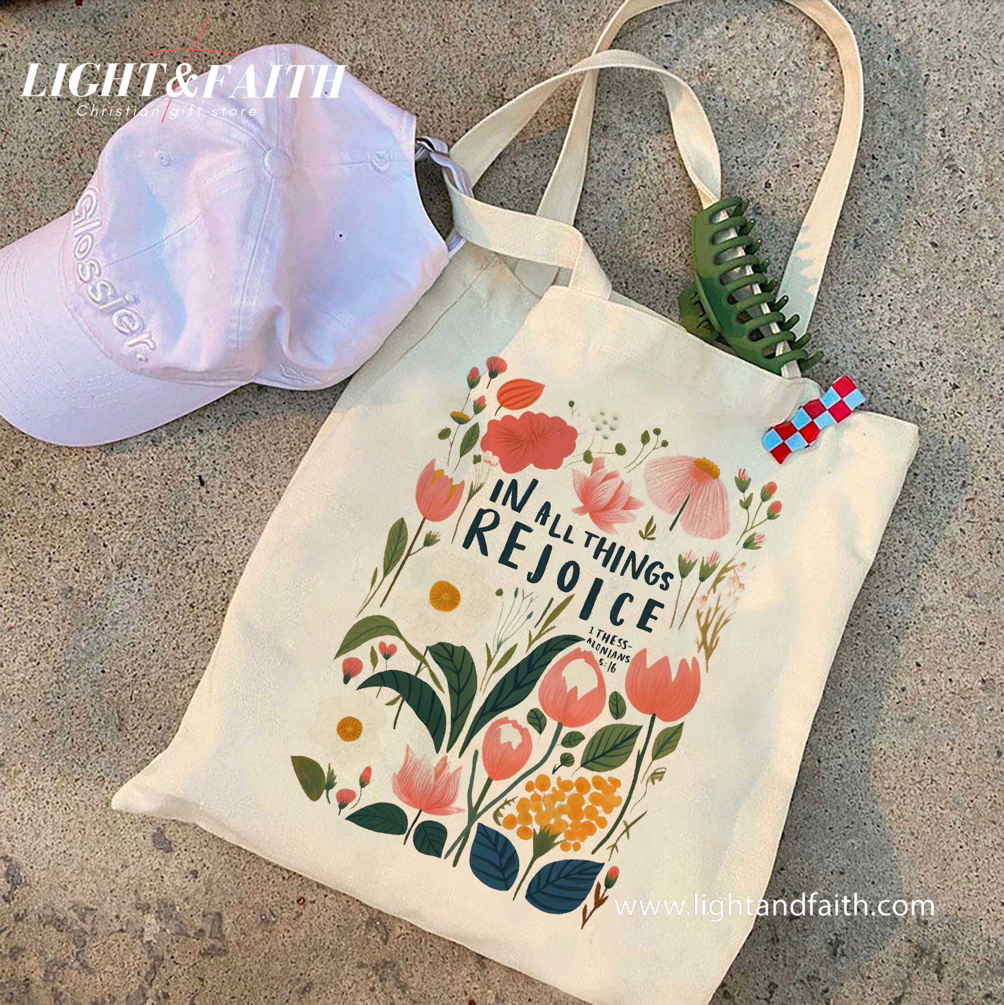 Christian Tote Bag Floral Bible Verse, In All Things Rejoice Tote, Scripture Canvas Bag, 1 Thessalonians 5:16 Gift, Faith Tote Bag TBLAF32